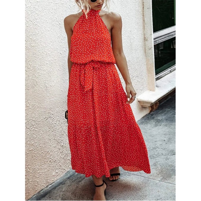 Halter Neck Floral Backless Loose Ruffle Maxi Dress