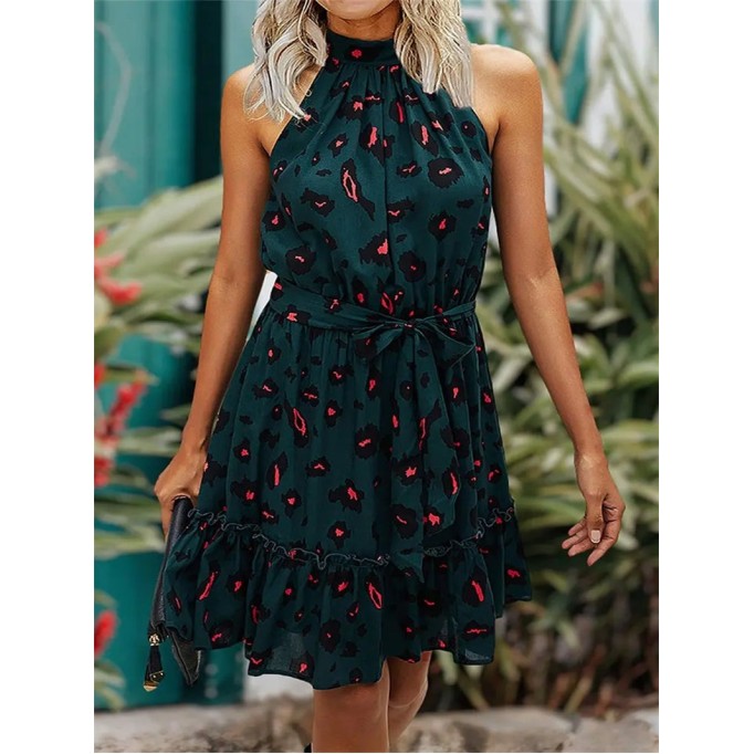 Halter Neck Summer Loose Sleeveless Ruffle Belt Boho Floral Dress