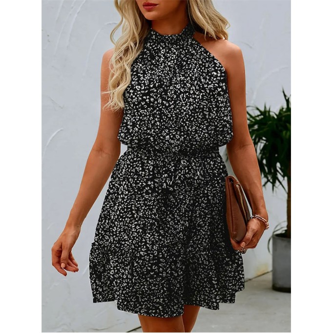 Halter Neck Summer Loose Sleeveless Ruffle Belt Boho Floral Dress