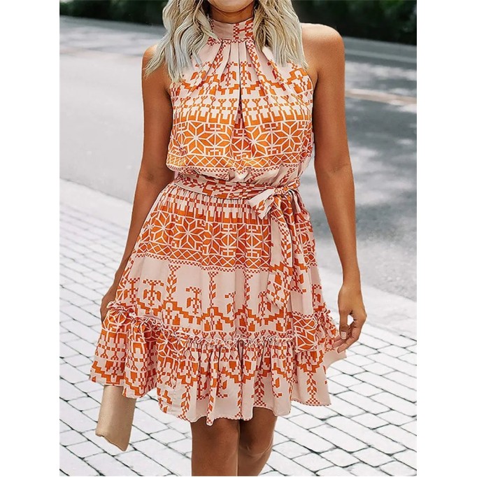 Halter Neck Summer Loose Sleeveless Ruffle Belt Boho Floral Dress