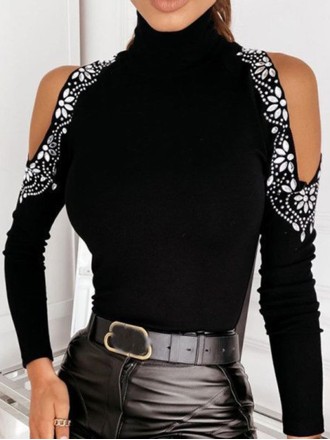 High Neck Sexy Hot Diamond Off Shoulder Long Sleeve Knitted Underlay Shirt