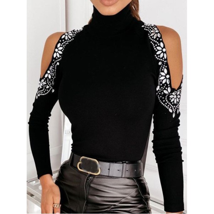 High Neck Sexy Hot Diamond Off Shoulder Long Sleeve Knitted Underlay Shirt