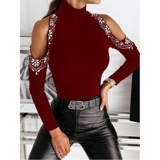 High Neck Sexy Hot Diamond Off Shoulder Long Sleeve Knitted Underlay Shirt