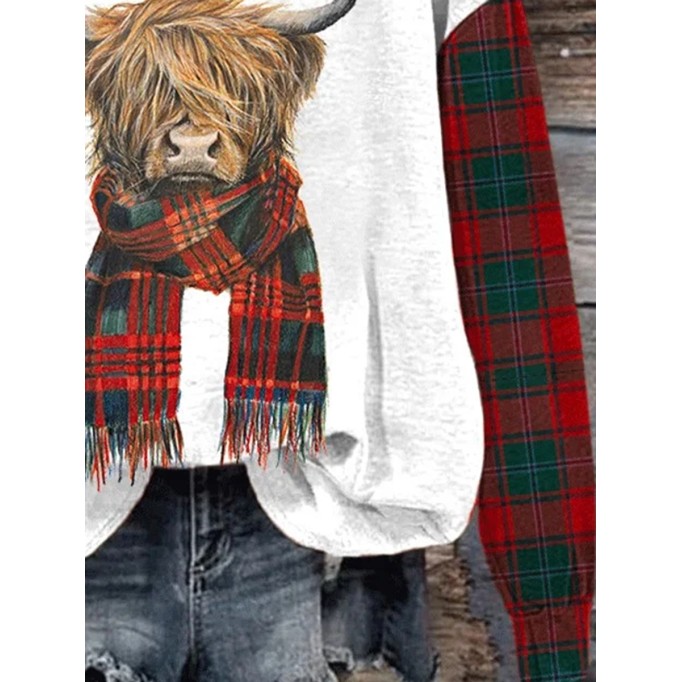 Highland Cow Plaid Print Hooded Sweatshirt