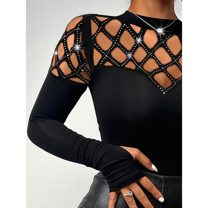 Hollow Mesh Diamond Long Sleeve T-shirt