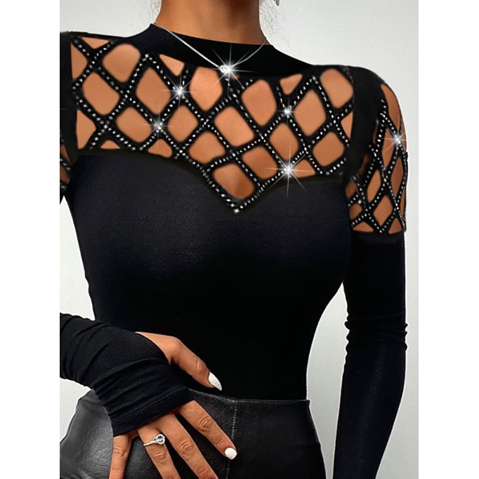 Hollow Mesh Diamond Long Sleeve T-shirt