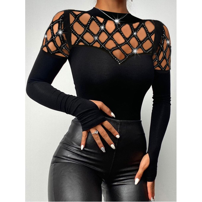 Hollow Mesh Diamond Long Sleeve T-shirt