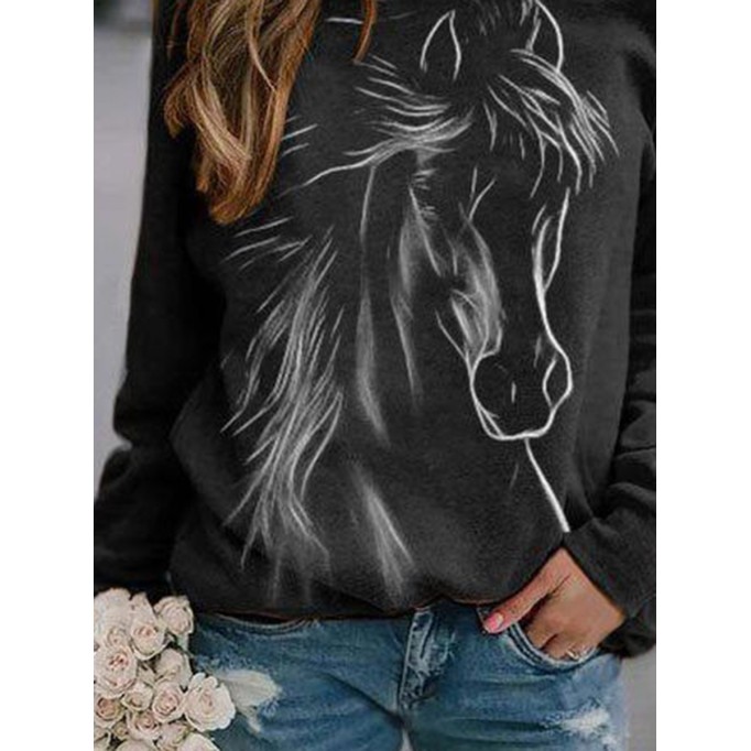 Horse Printed Raglan Sleeve Crew Neck Casual Sweatshirt