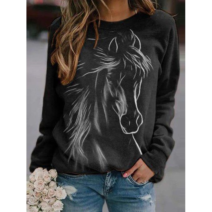 Horse Printed Raglan Sleeve Crew Neck Casual Sweatshirt