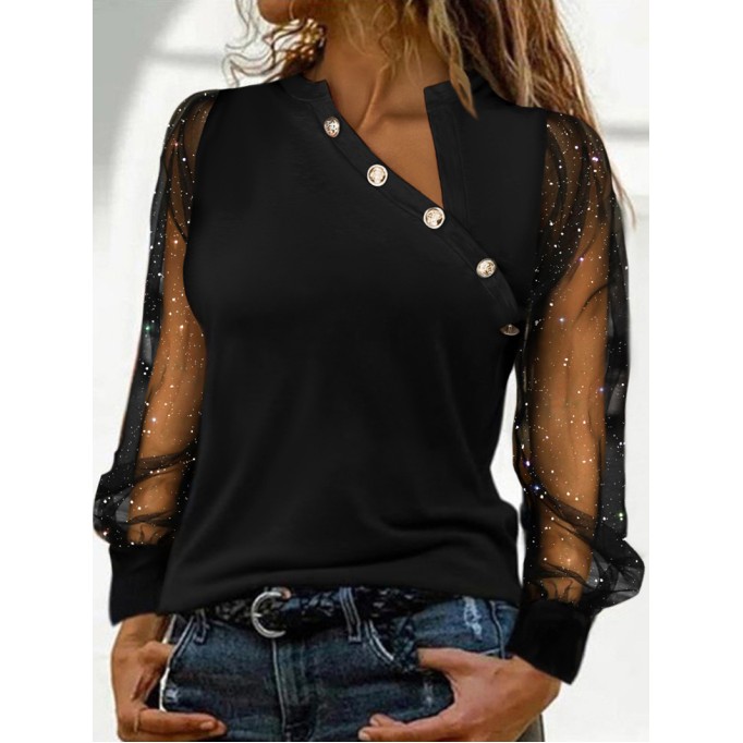 Hot Diamond Diagonal Shoulder Mesh Panel Long Sleeve Top