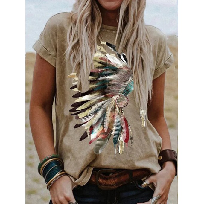 Indian Headdress Print Crew Neck T-Shirt