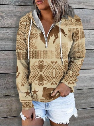 Khaki zipper long sleeve casual sweatshirt