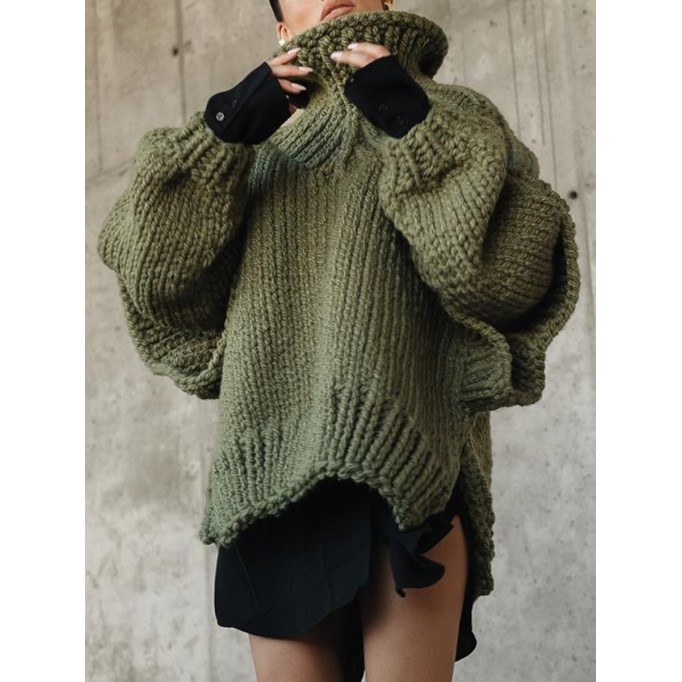 Knitted fluffy long sleeved wooden ear edge high neck sweater