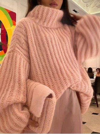 Knitted pullover fluffy long sleeved high neck sweater