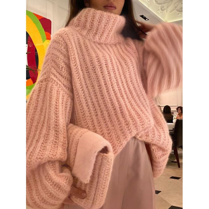 Knitted pullover fluffy long sleeved high neck sweater