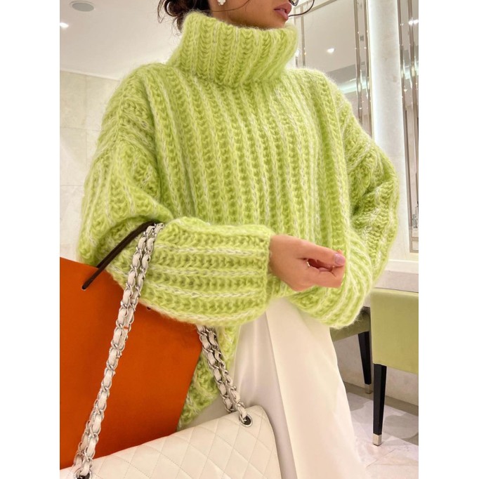 Knitted pullover fluffy long sleeved high neck sweater