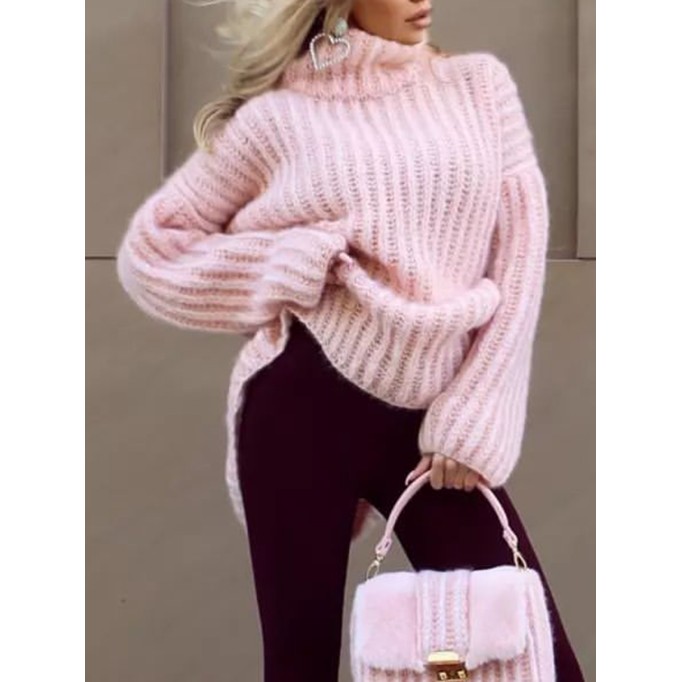 Knitted pullover fluffy long sleeved high neck sweater