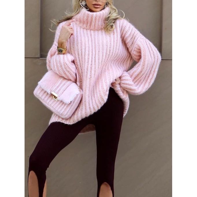 Knitted pullover fluffy long sleeved high neck sweater