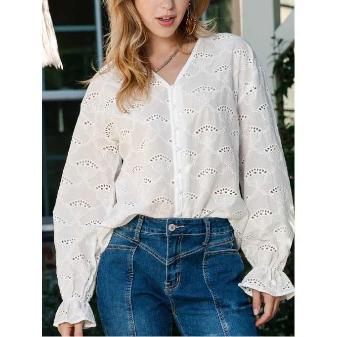 LACE BUTTON V NECK SHEATH CASUAL BLOUSE