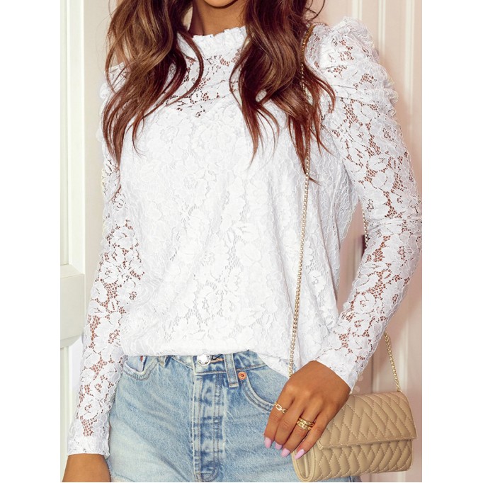 LACE RUFFLE DECORATION STAND NECK SHEATH ELEGANT BLOUSE