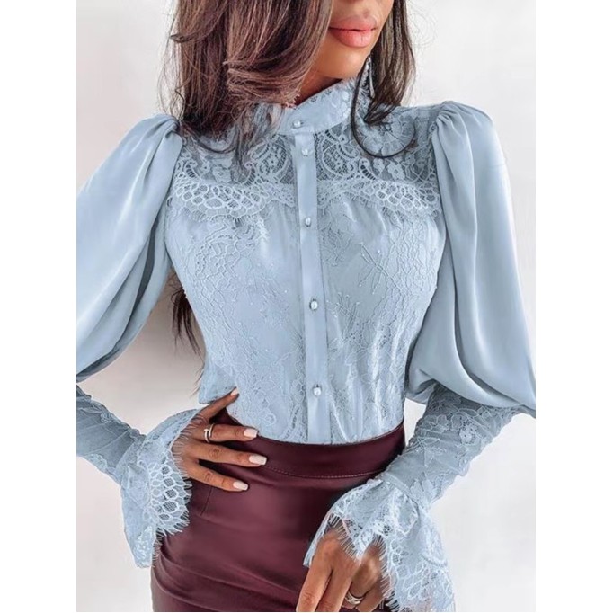 Lace standing neck flared sleeve shirt