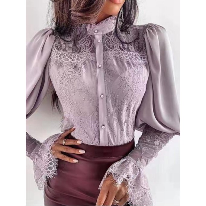 Lace standing neck flared sleeve shirt