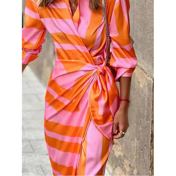 Lapel Striped Print Belted Long Sleeve Dress