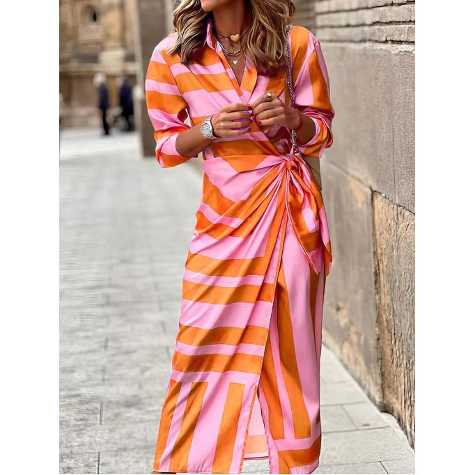 Lapel Striped Print Belted Long Sleeve Dress