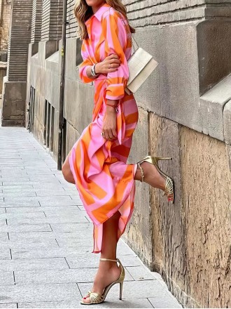 Lapel Striped Print Belted Long Sleeve Dress