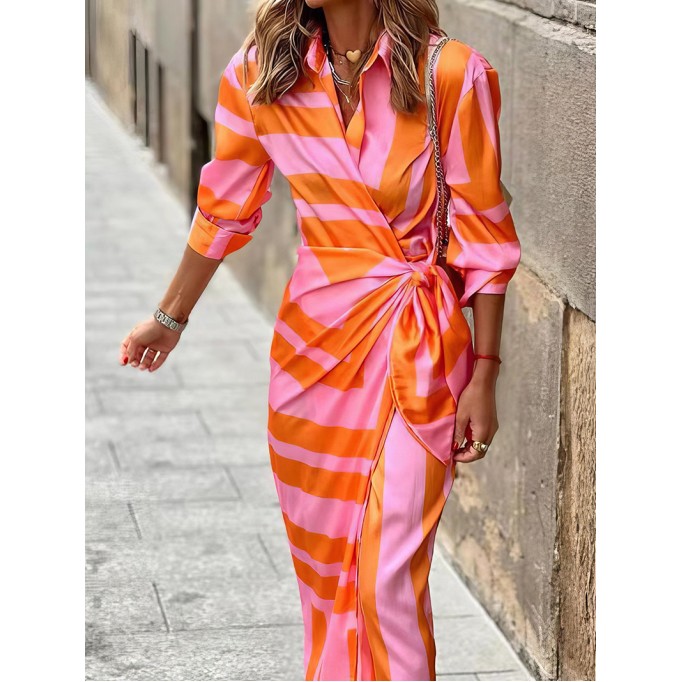 Lapel Striped Print Belted Long Sleeve Dress