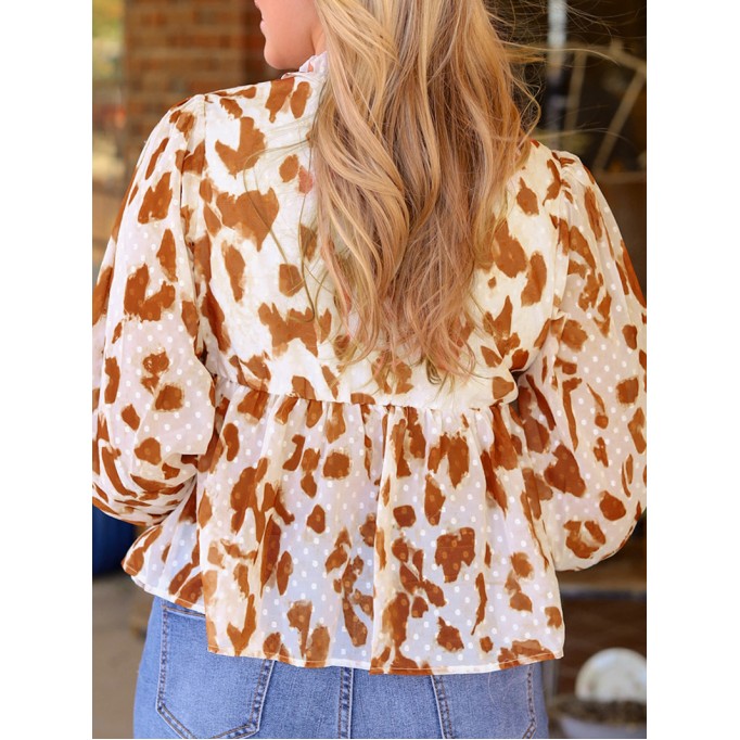 Leopard embellished V-neck ruffled casual shirt