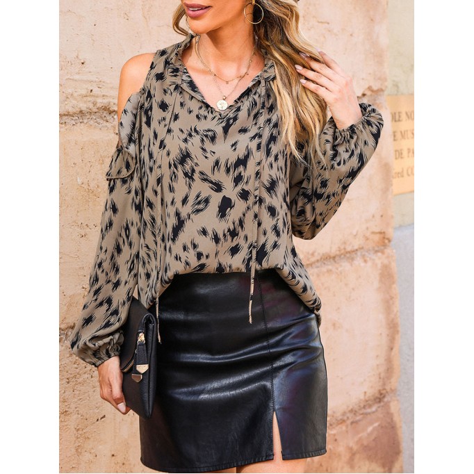 Leopard patterned ruffled off shoulder tie up shirt