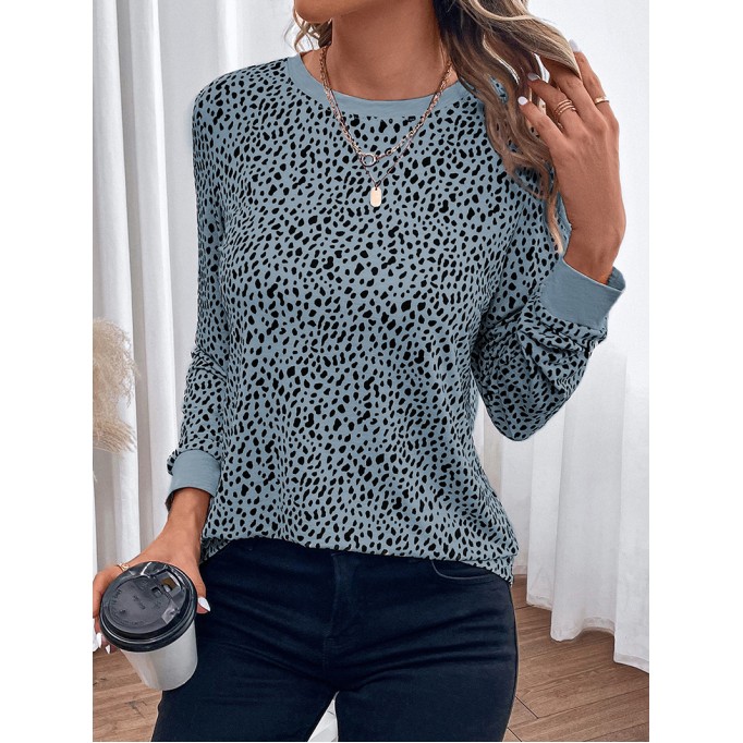 LEOPARD ROUND NECK SHIFT CASUAL BLOUSE TOP