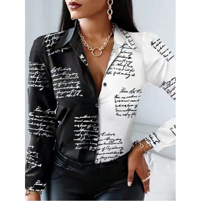 Letter printed patchwork color contrast long sleeved shirt