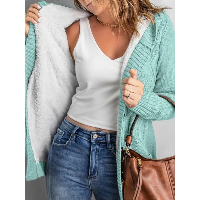 Light green fleece hooded sweater cardigan