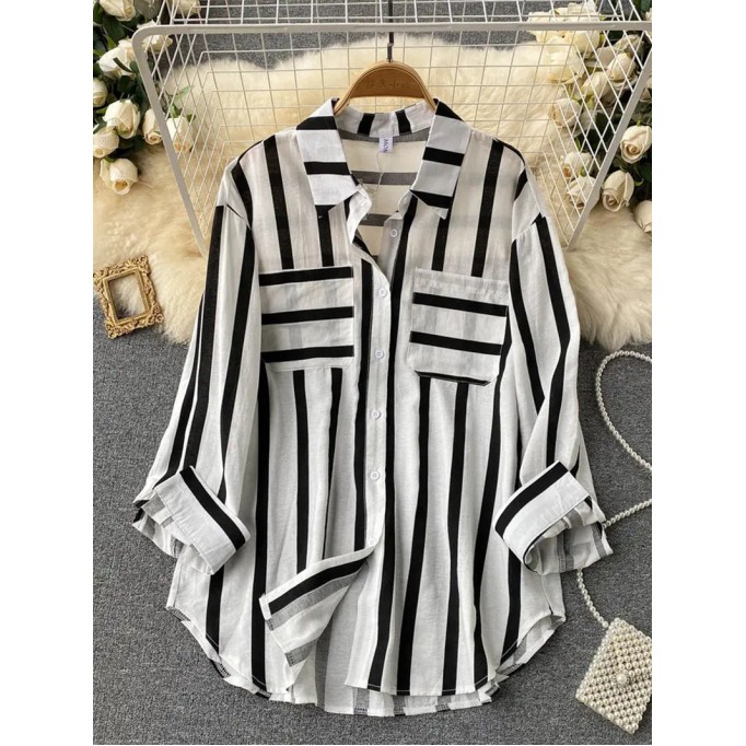 Long loose vertical striped  shirt jacket