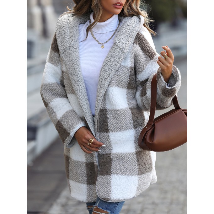 Long Sleeve Plaid Hooded Zipper Loose Jacket