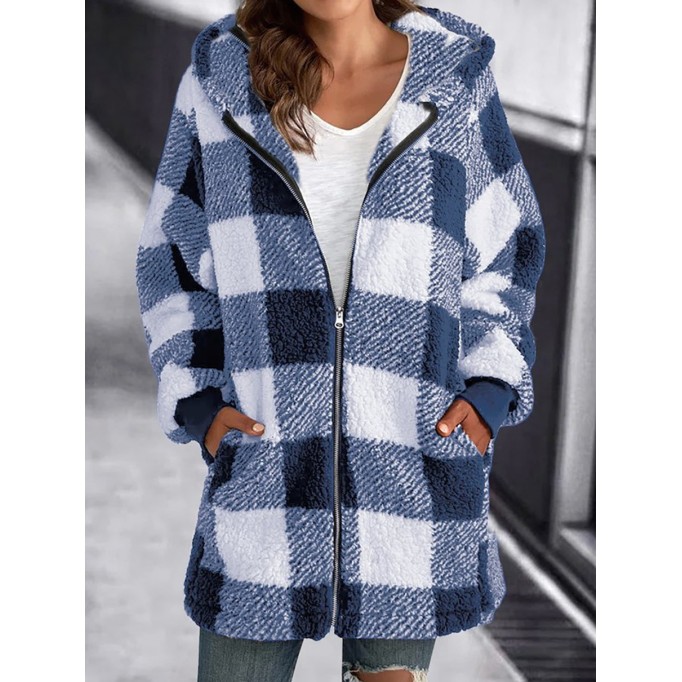 Long Sleeve Plaid Hooded Zipper with Pockets Loose Jacket