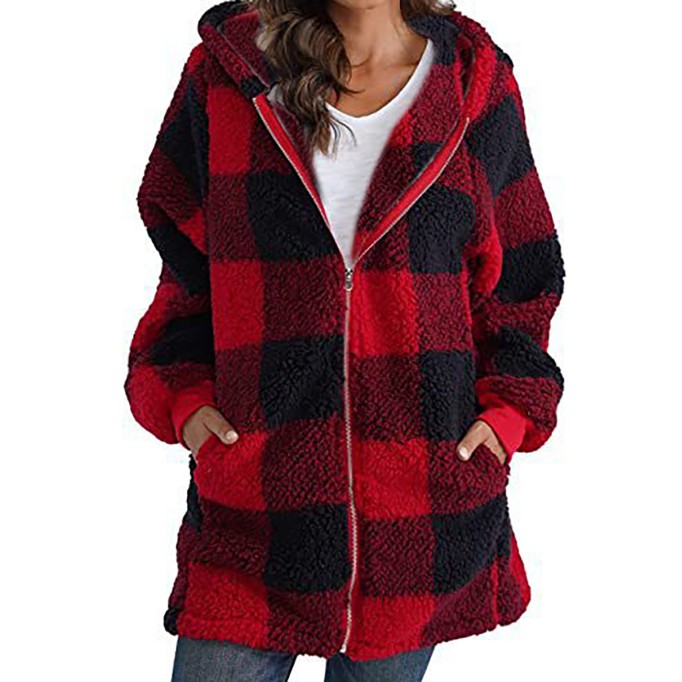 Long Sleeve Plaid Hooded Zipper with Pockets Loose Jacket