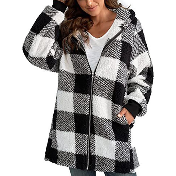 Long Sleeve Plaid Hooded Zipper with Pockets Loose Jacket