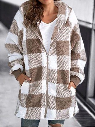 Long Sleeve Plaid Hooded Zipper with Pockets Loose Jacket