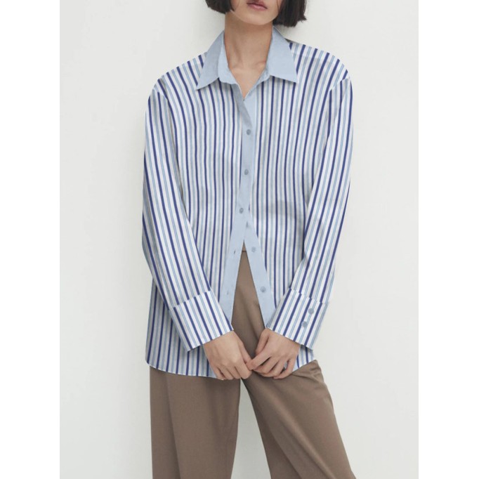 Long sleeve striped shirt with lapel for women