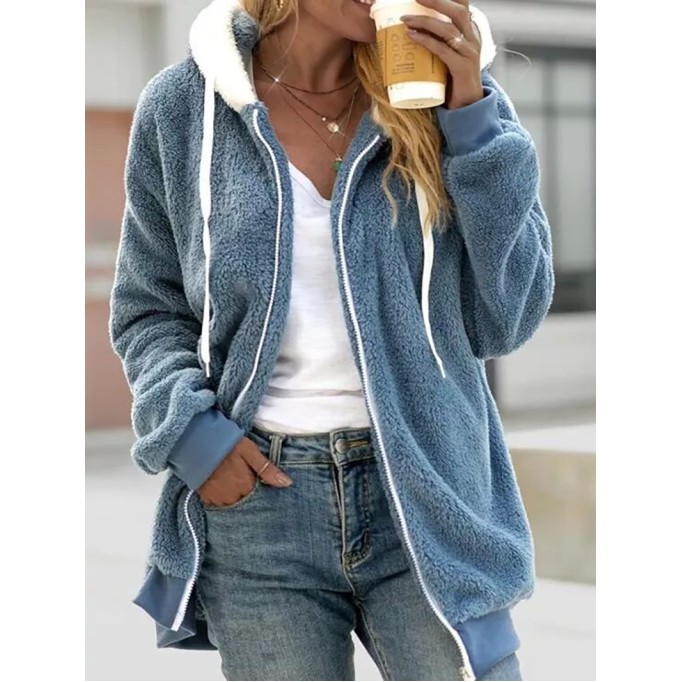 Loose plush zippered hooded jacket