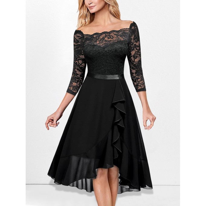 One-piece neckline  mid-sleeve lace and chiffon dress