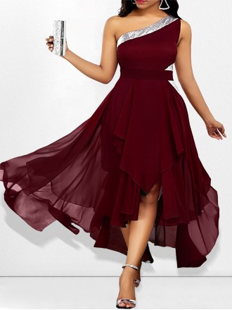 One-shoulder asymmetrical hem fashionable off-shoulder dress