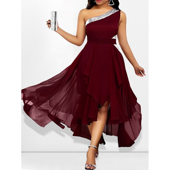 One-shoulder asymmetrical hem fashionable off-shoulder dress