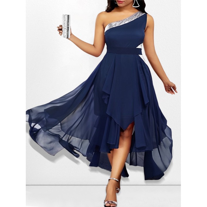 One-shoulder asymmetrical hem fashionable off-shoulder dress