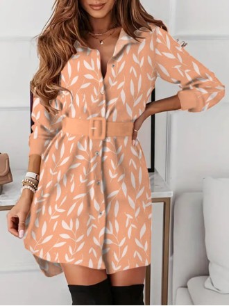 Orange leaf print lapel waist shirtdress