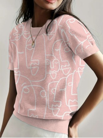 Pink abstract print crew neck pullover knit top