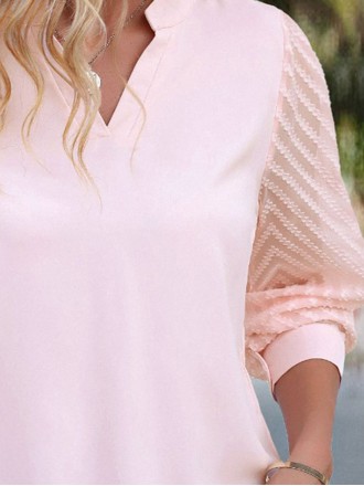 Pink V-neck elegant see-through jacquard patchwork shirt